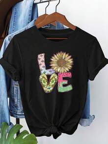 Talla Grande, Camiseta de Mujer con Estampado Gráfico de Girasol LOVE, Manga Corta, Cuello Redondo, Top Casual para Verano y Primavera, Ropa de Mujer - Negro - Ver 6