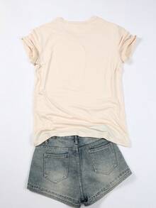 Camiseta con estampado de letras Simple DesignUSA, top casual de manga corta y cuello redondo para verano y primavera, ropa de verano elegante y práctica para mujer. - Albaricoque - Ver 3