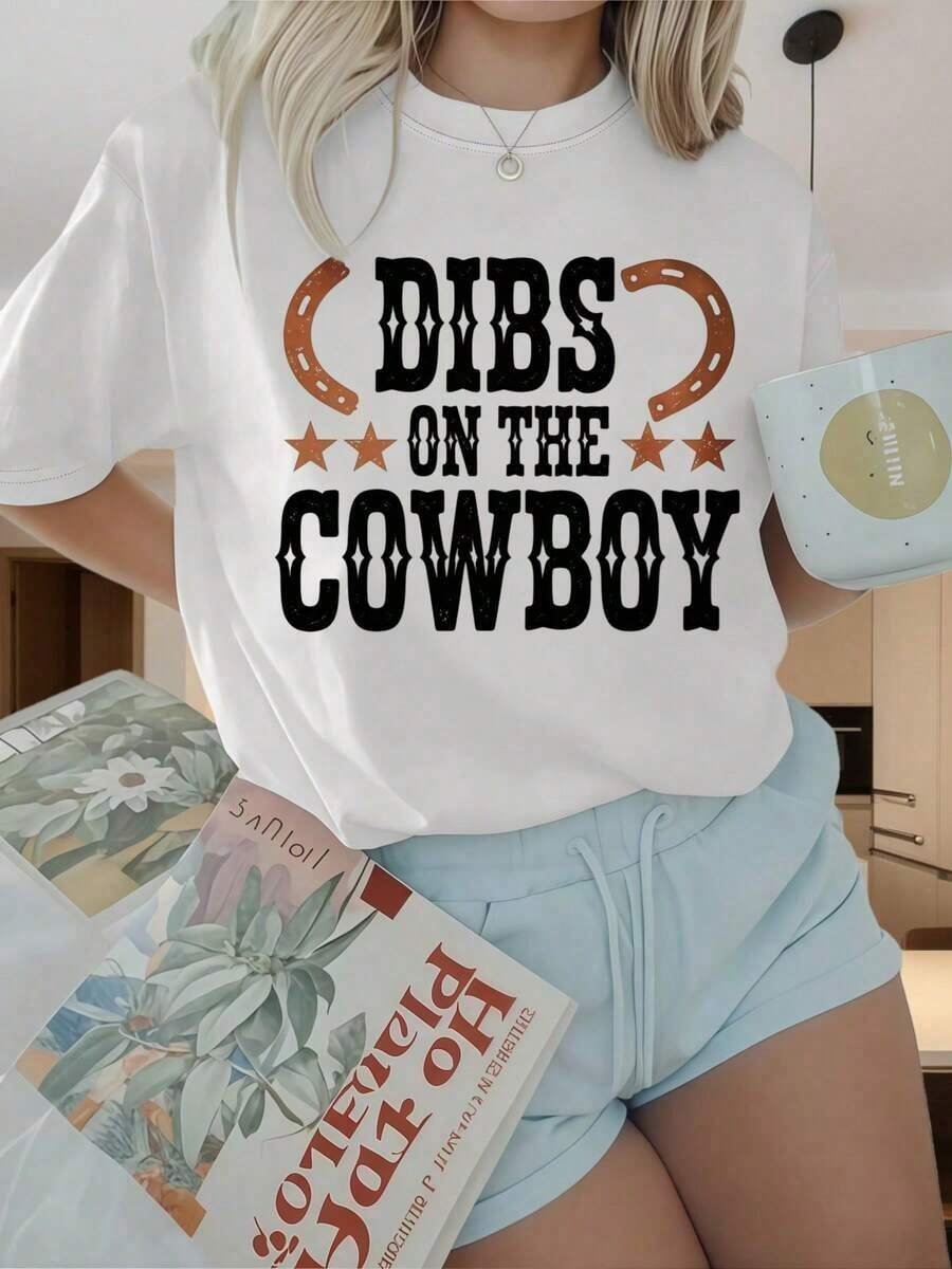ropa de mujer Camiseta de manga corta con cuello redondo para mujer Dibs On The Cowboy T Shirt Camiseta con gráficos bonitos de estilo occidental para mujer Top de moda estilo country Estamp - Blanco - Ver 1