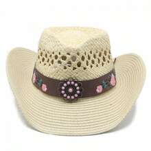 Women Western Straw Hat Summer Breathable Beach Sun Protection Cowgirl Cap With Floral Embroidery Faux Leather Band - Beige - View 6