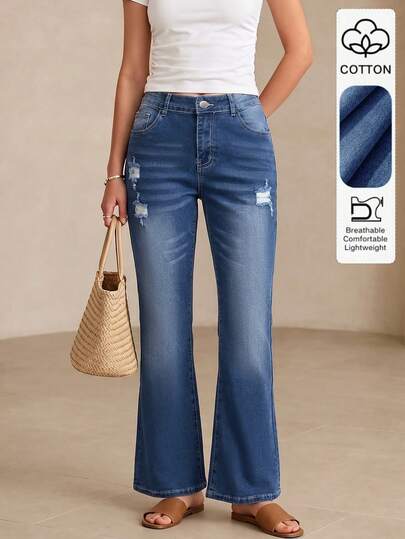 New Arrival Vintage Distressed Button Fly Mid-Waist Jeans, Suitable For All Seasons