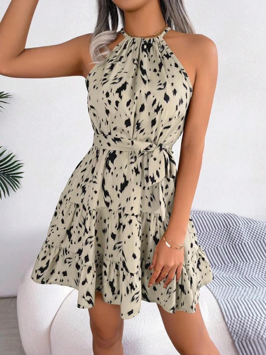 Vestido corto con estampado de leopardo para mujer, minivestido Sexy con cuello Halter y volantes para primavera y verano - Albaricoque - Ver 1