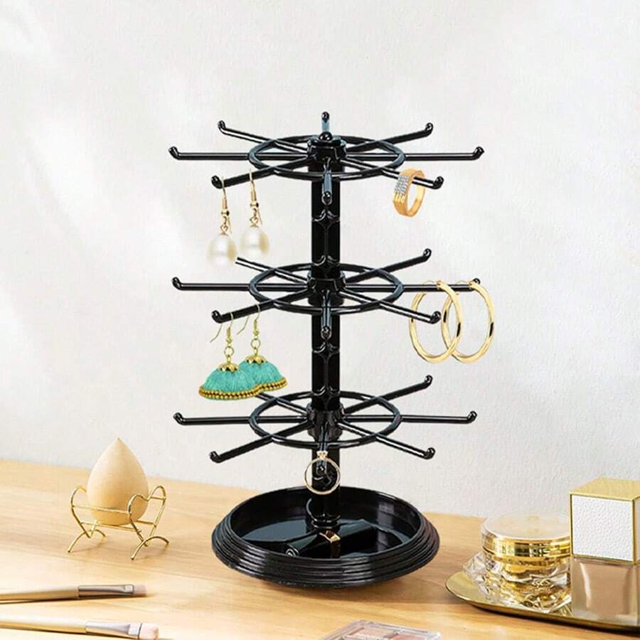 1pc Creative Black Multi-Layer Hanging Jewelry Storage Display Rack 16 Hooks/24 Hooks And Adjustable Bottom Distance Suitable For Bracelets Necklaces Pendants Glasses Keychains Jewelry Towers Large Capacity Additions Desktop Counter Sorting Rack