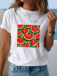 Oferta por tiempo limitado, cantidad limitada disponible,  relámpago, camisas de mujer, camisetas de mujerCamiseta negra de manga corta y cuello redondo para mujer con estampado de rodajas de sandía, cómoda e informal, ideal para el verano de 2026. - Blanco - Ver 2
