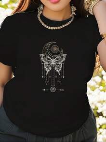 Camiseta de algodón puro con estampado de mariposas, camiseta negra de manga corta y cuello redondo, corte ligeramente holgado, esencial para vacaciones informales, lavable a máquina pero no apta para limpieza en seco, adecuada para todas las estaciones. - Negro - Ver 2