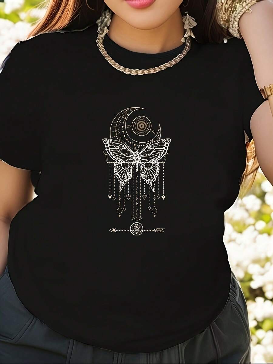 Camiseta de algodón puro con estampado de mariposas, camiseta negra de manga corta y cuello redondo, corte ligeramente holgado, esencial para vacaciones informales, lavable a máquina pero no apta para limpieza en seco, adecuada para todas las estaciones.