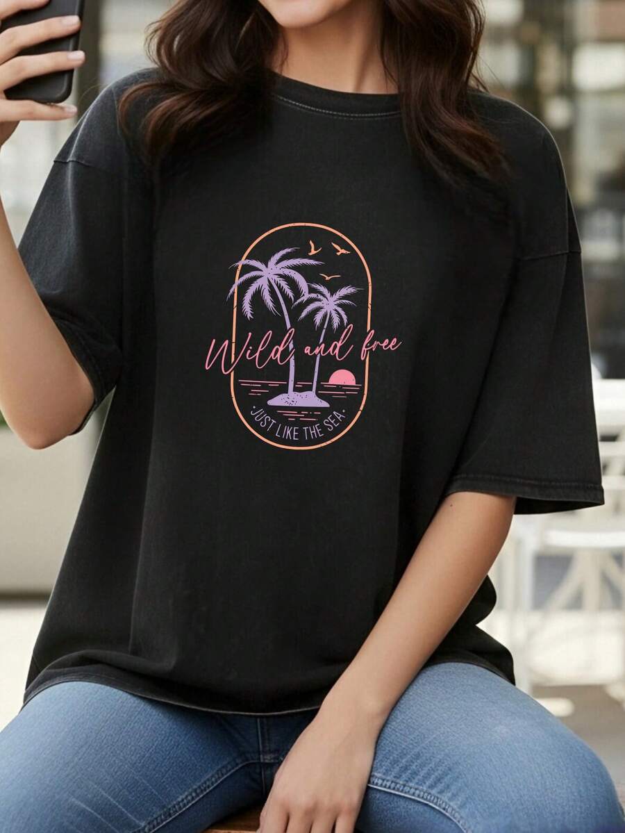 Camiseta casual vintage cómoda y lavada para mujer, camiseta de manga corta con cuello redondo,% algodón lavado y versátil para hombre, adecuada para uso diario y atuendos de, estilo unisex. - Negro - Ver 1