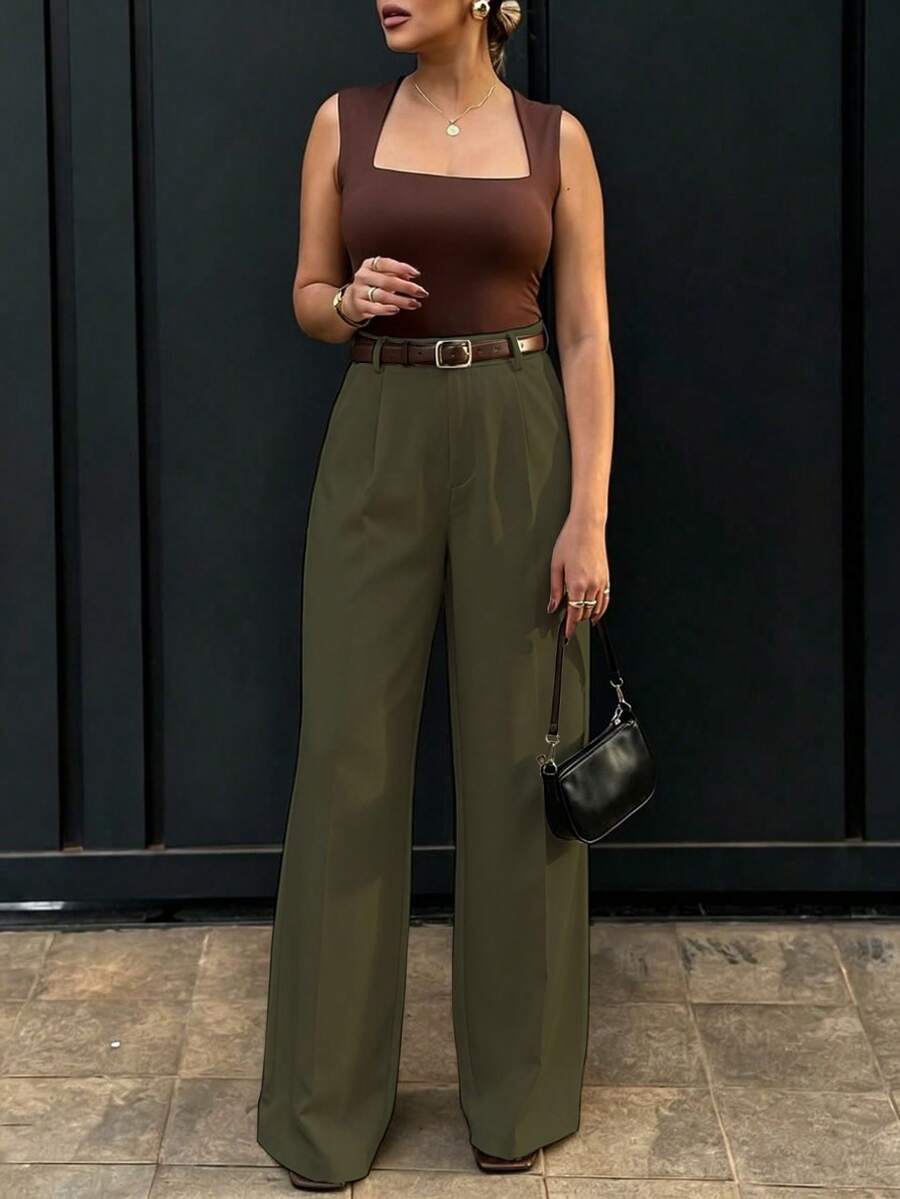 Celana Panjang Wanita Pinggang Tinggi Slim Fit Kaki Lebar Warna Hijau Militer, Gaya Jalanan Bohemian, Cocok Untuk Pakaian Kasual Dan Beraktivitas di Musim Semi Dan Musim Panas (Sabuk Tidak Termasuk) - Hijau Tentara - View 1