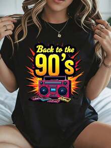 Elegante y casual para mujer, manga corta, camiseta "Regreso a los 90s" con estampado de boombox retro y cinta de casete para fiesta de Halloween, ropa casual blanca para mujer, otoño invierno. - Negro - Ver 8