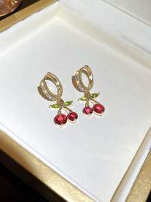 1 par de pendientes de botón con diseño de cerezas rojas dulces y pastorales, versátiles y encantadores - Rojo - Ver 5