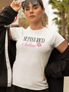 Camiseta casual de algodón manga corta de cuello redondo con eslogan impreso para mujer de - Negro - Ver 1