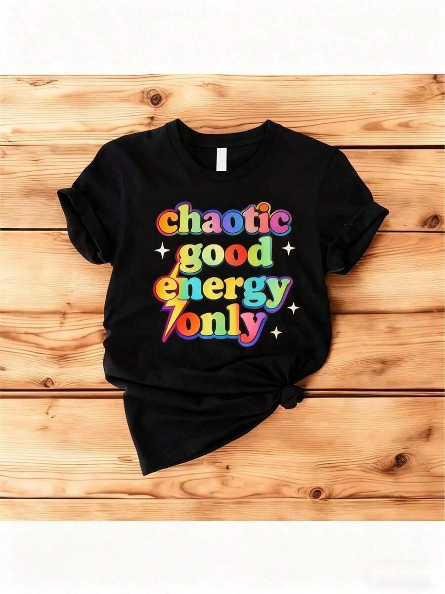 1 Pieza de Ropa para Mujer, Camiseta con Estampado de Arcoíris "Chaos Good Energy Only This No Other", Estilo Casual Deportivo, Cuello Redondo, Uso Diario, Ropa de Invierno para Mujeres Jóvenes, Regalo de Navidad, Ropa de Otoño, Camiseta para Mujer - Negro - Ver 1