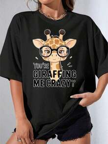 Camisetas de Mujer, Manga Corta Casual para Fiesta, Camiseta con Estampado de Jirafa Linda, Jirafa Blanca de Dibujos Animados con Gafas, Estampado 'You're Giraffing Me Crazy', Top Casual de Verano Unisex para Mujeres y Hombres, 180g - Negro - Ver 7
