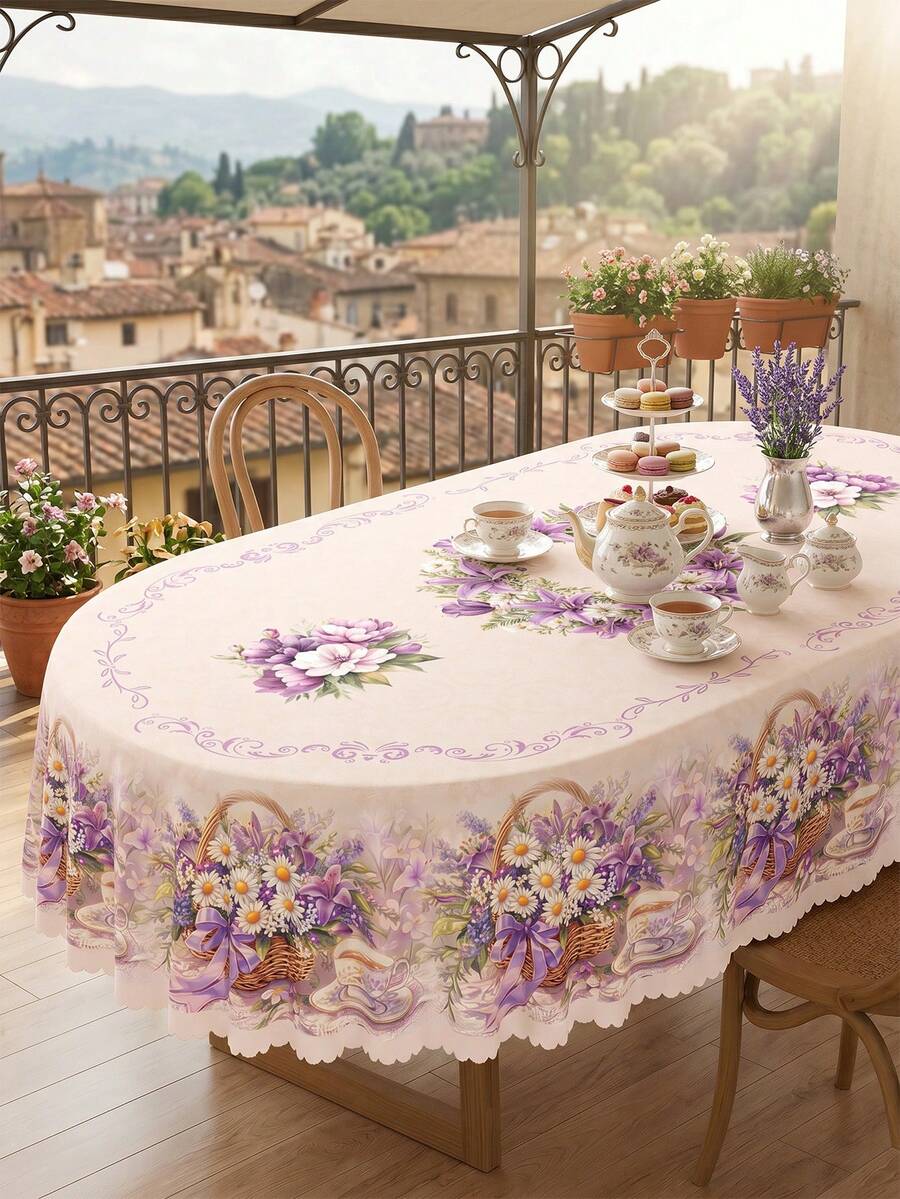Floral Printed Tablecloth. Polyester Rectangular, Circular, And Oval Tablecloths With Shell Lace Design, Quick Drying, Washable, Suitable For Daily Use, Summer Kitchen Decoration, Wedding Banquets, Outdoor Gardens, Wedding Decorations, Kitchen Dining Rooms, And Seasonal Home Decor. - Multicolor - View 1