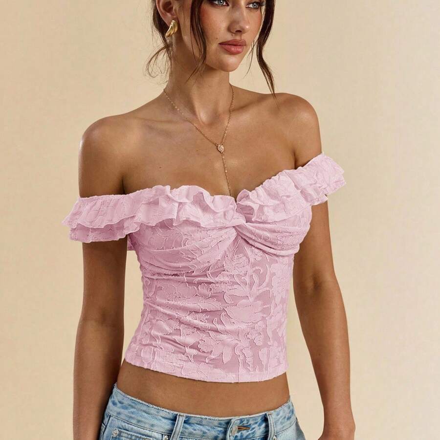 Women's Floral Jacquard Short Sleeve Off The Shoulder Crop Top Ruffle Fitted Tee Shirts - Pink - View 1
