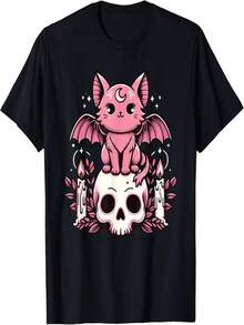 Camiseta adorable de estilo gótico pastel con estampado de gato, murciélago y calavera. Dise?o original. Regalo perfecto. Camiseta para mujer. Ropa urbana. - Negro - Ver 1