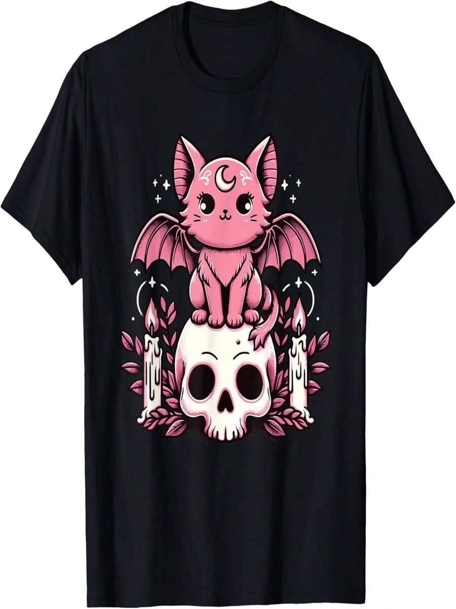 Camiseta adorable de estilo gótico pastel con estampado de gato, murciélago y calavera. Dise?o original. Regalo perfecto. Camiseta para mujer. Ropa urbana. - Negro - Ver 1
