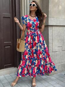 Vestido largo elegante de mujer con cintura fruncida y volantes, vestido de verano para vacaciones, vestido para citas - Multicolor 4 - Ver 5