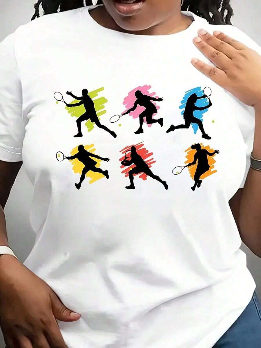 Women's Light Pink Tennis Silhouette Print T-Shirt - Casual Short Sleeve Crew Neck T-Shirt With Vibrant Tennis Graphics, Comfortable And Stylish For All Seasons, Perfect For Sports, Parties And Casual Outfits, Tennis Accessories - 白色 - 查看 1