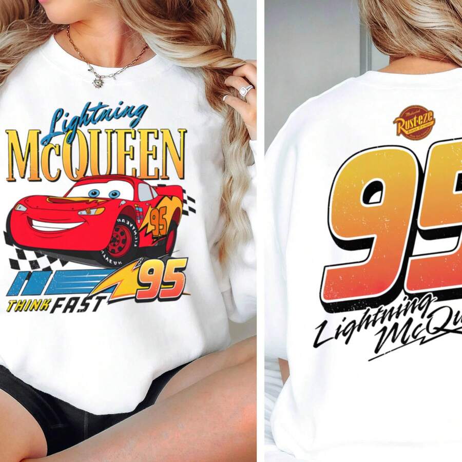 2-Sided Retro Disney Cars Lightning Mcqueen Shirt, Racing Race Think Fast T-Shirt, Walt Disney World, The Magic Kingdom, Cars Land TeeDisney Oversized T-Shirt - trắng - Xem 1