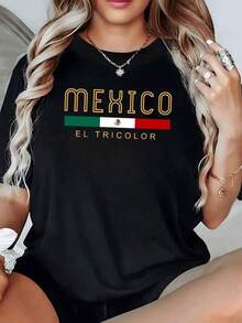 Bandera mexicana con franjas verde blanca y roja representando la unidad la esperanza y la sangre de quienes defendieron la nación camiseta de mujer moderna cómoda y perfecta para mostrar orgullo nacional - Negro - Ver 1