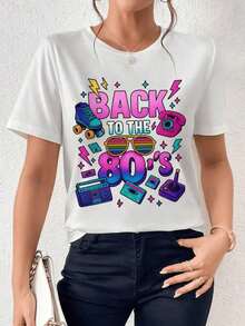 Women's T-Shirt With A Retro 80s Print Featuring Roller Skates, A Telephone, A Boombox, And Colorful Sunglasses. A Fun, Vintage Look! - 白色 - 查看 6