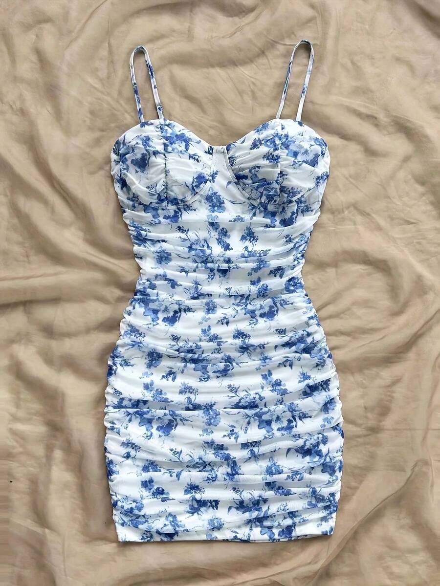 Vestido Floral francés para mujer, moda Primavera Verano, temperamento Sexy, Mini vestidos sin espalda, estilo de vacaciones, falda para la playa con tirantes - Azul - Ver 1