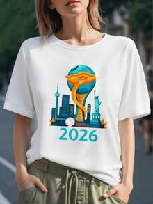 Globe With Gold Ribbon Surrounding Iconic Monuments And Ball Symbolizing The Global Unity Of Football. Women's T-Shirt, 100% Soft And Comfortable Cotton, Ideal For Everyday Wear. - 黑色 - 查看 6