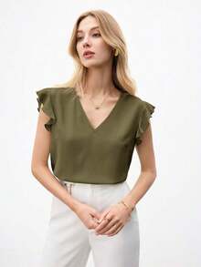 Blusa holgada de manga abullonada y cuello en V para mujer, estilo urbano básico, elegante y minimalista para uso casual en la oficina, adecuada para maestras y atuendo de negocios, otoño - Verde militar - Ver 5