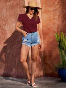 Clasi Camisa de unicolor con escote en V y mangas abultadas para vacaciones y uso casual, blusas de manga corta - Burdeos - Ver 4
