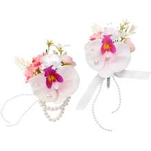 Wrist Corsage And Boutonniere Set, Artificial Rose Corsage Wristlet And Boutonniere For Wedding Prom Party - 蝴蝶粉紅胸花1朵&腕花1朵 - 查看 6