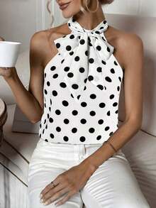 Privé Camisa de halter con estampado de lunares elegante para uso en la oficina y el trayecto, para mujer - Blanco - Ver 7