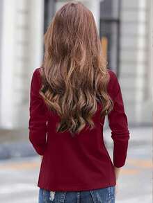 Camiseta casual, versátil, de manga larga y cuello vuelto, de unicolor, para mujer, primavera y verano - Rojo - Ver 2