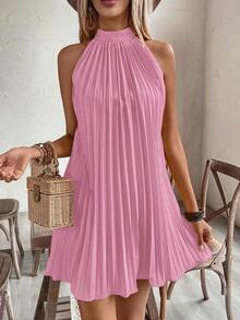 Vestido plisado con hombros abiertos y estampado para vacaciones, conjunto de ropa de playa para vacaciones - Rosa - Ver 3