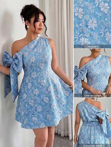Vestido mini elegante de verano para mujer talla grande, vestido corto de fiesta con tela jacquard, cintura con lazo asimétrico, para boda, reunión, cita - Azul - Ver 1
