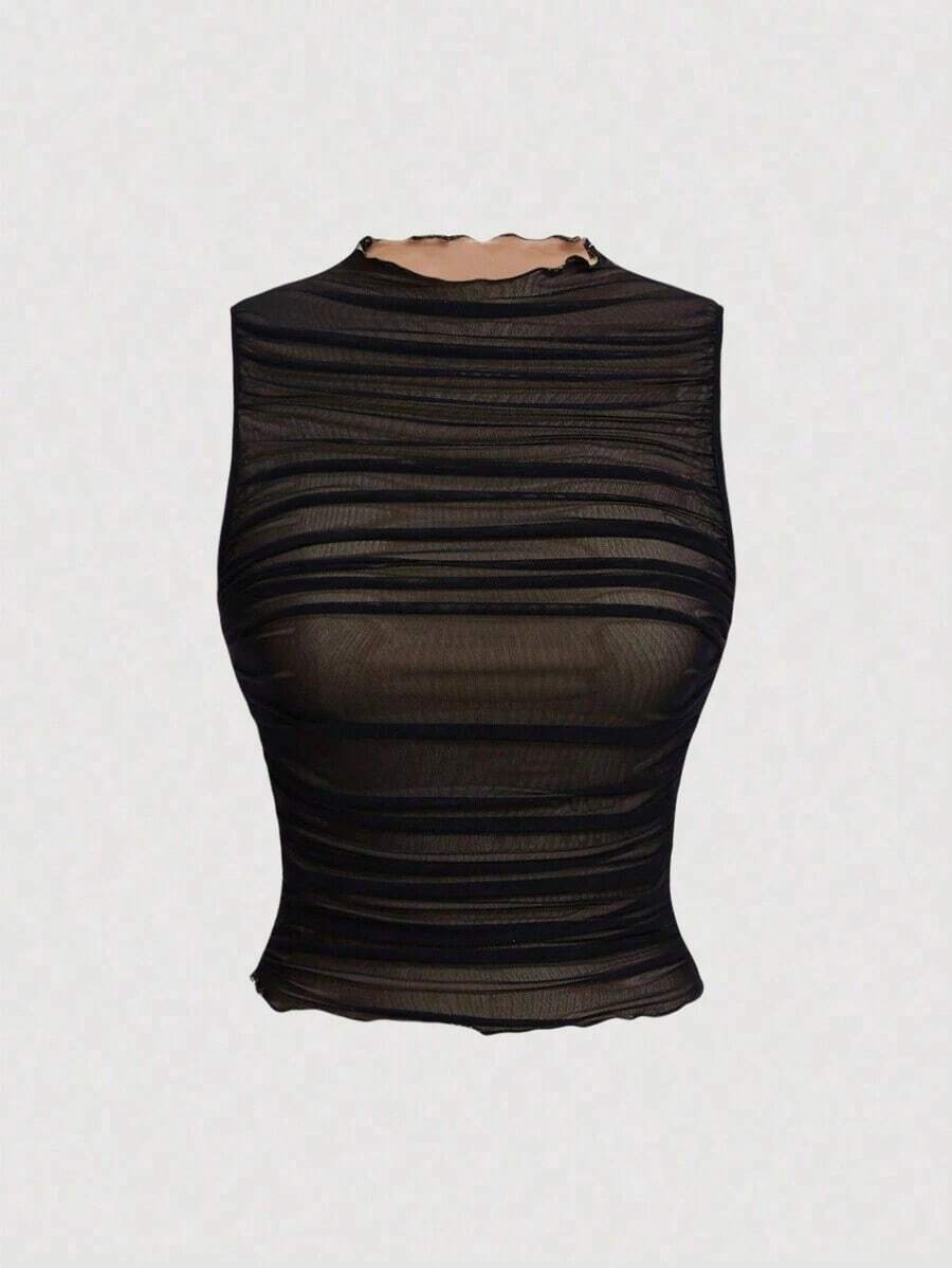Top sin mangas con cuello alto y fruncido en unicolor, top negro de club, tops de malla para fiestas, despedida de soltera, tops para citas, salir, primavera/verano, top de fiesta, vacaciones, cumpleaños, festival, playa, top elegante - Negro 2 - Ver 1