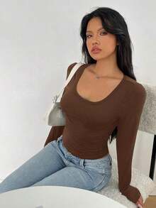 Camiseta de manga larga de ajuste ceñido con cuello alto y mangas raglán, estilo minimalista casual para mujer, primavera/otoño - Café integral - Ver 5