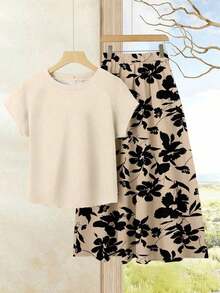 2 piezas Conjunto de top casual de unicolor + falda con estampado geométrico blanco y negro para vacaciones de mujer, Conjunto de ropa de verano para mujer, Conjunto de falda y top de verano, Conjunto de falda y top de mujer, Conjunto de falda - Multicolor 5 - Ver 7