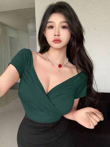 Camiseta de mujer de manga raglán con cuello de corazón de unicolor para salir - Verde - Ver 5
