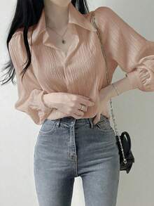 Blusa suelta de unicolor con cuello vuelto y pliegues para mujer, color morado, para primavera/verano/otoño, ropa de mujer de manga larga - Rosa - Ver 3