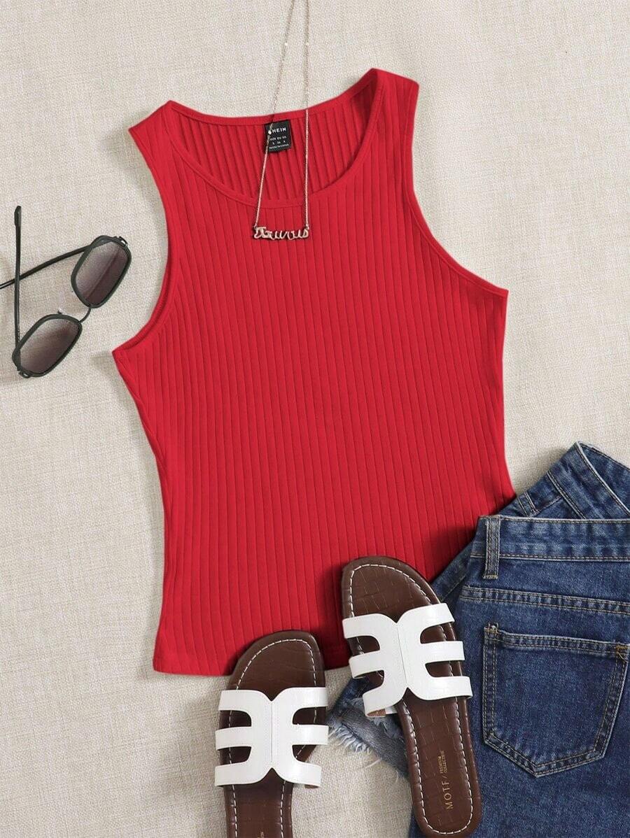 Top sin mangas de punto acanalado amarillo para looks de verano - Rojo - Ver 1