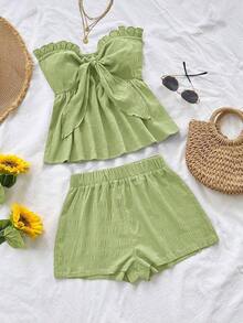 Set de 2 piezas para mujer con parte superior corta sin mangas con volantes y estampado de rayas y flores, y shorts casuales para verano, vacaciones en la playa y fiestas - Verde - Ver 3