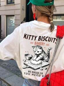 1 pieza de camiseta de verano para mujer con cuello redondo y manga corta, blusa con estampado de gato en inglés, adecuada para verano, playa, calle, uso diario, trabajo, fiesta de oficina, salida, carnaval, festival de música, día de San Valentín, ocasiones festivas. Camisa de estilo moderno para mujer, ropa de vacaciones para damas. Ropa de oficina elegante, blusas bonitas, atuendo de vacaciones para mujer, vestido para una cita nocturna, blusa elegante para damas, ropa casual de verano, atuendo de resort para mujer. AlgodónPuro-Blanco - Blanco - Ver 5