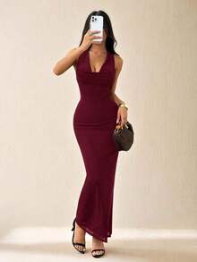 Vestido elegante de mujer de unicolor con cuello drapeado de malla, vestido largo, estilo vacacional, adecuado para vacaciones de otoño/invierno - Rojo violeta 2 - Ver 5