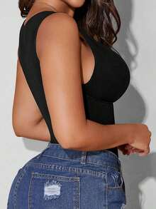 Camiseta sin costuras con cuello en V de unicolor y elegante para mujer, casual en color negro - Negro - Ver 6