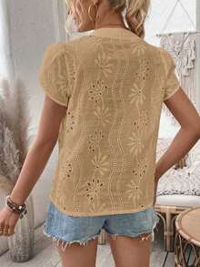 Camisa de mujer con escote en V con muesca, mangas abullonadas, blusa de manga corta - Caqui - Ver 2