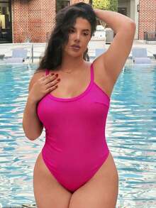Traje de baño de una pieza con tirantes finos de unicolor para tallas grandes - Rosa Fucsia - Ver 3