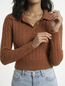 Aletheia - Women's Braided Polo Shirt, Long Sleeve, Braided Modal Knit, Winter - 駝色 - 查看 3