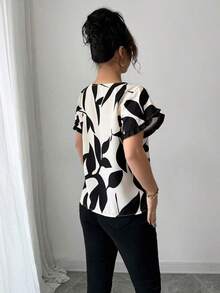 Blusa suelta de manga corta con cuello redondo, borde en contraste y estampado aleatorio, elegante para uso cotidiano, casual y vacaciones - Albaricoque - Ver 2