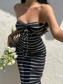 Vestido casual de mujer de longitud media, diseño de estilo de moda adecuado para el verano - Blanco y Negro - Ver 3